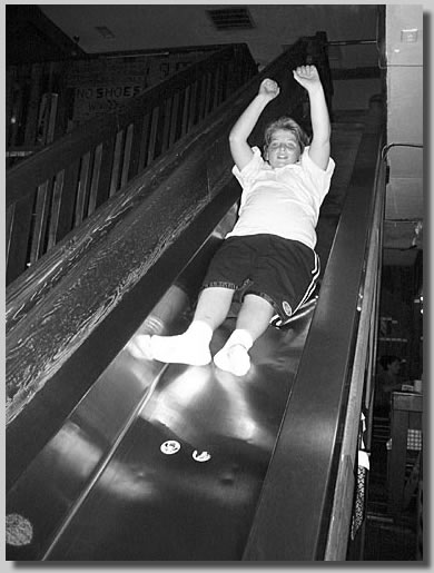Dillon on a slide at the Trail Dust Steakhouse where we went for his 10th birthday celebration.