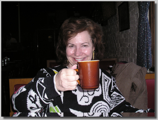 Joyce with her coffee