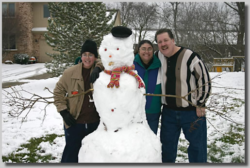Jonathan, Rooty Jr. and Gush in the snow in Detroit for the weekend for Emma's Bat Mitzvah in December, 2004.